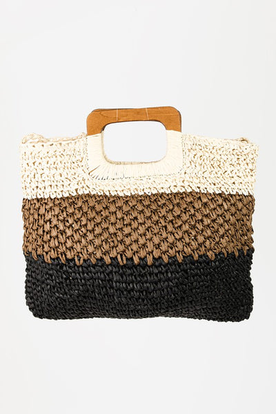 Black Three Tone Striped Square Wood Handle Woven Braided Straw Tote Bag