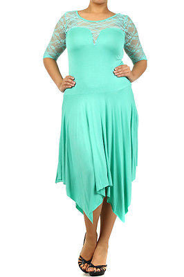 Plus Dress Lace Sweetheart Sexy Solid 3/4 Sleeve Asymmetrical Mint New