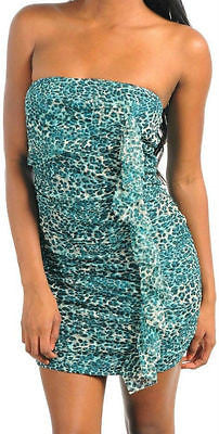 Dress Leopard Strapless Mini Shimmer Ruffle Teal Tube Sexy Mesh Woman