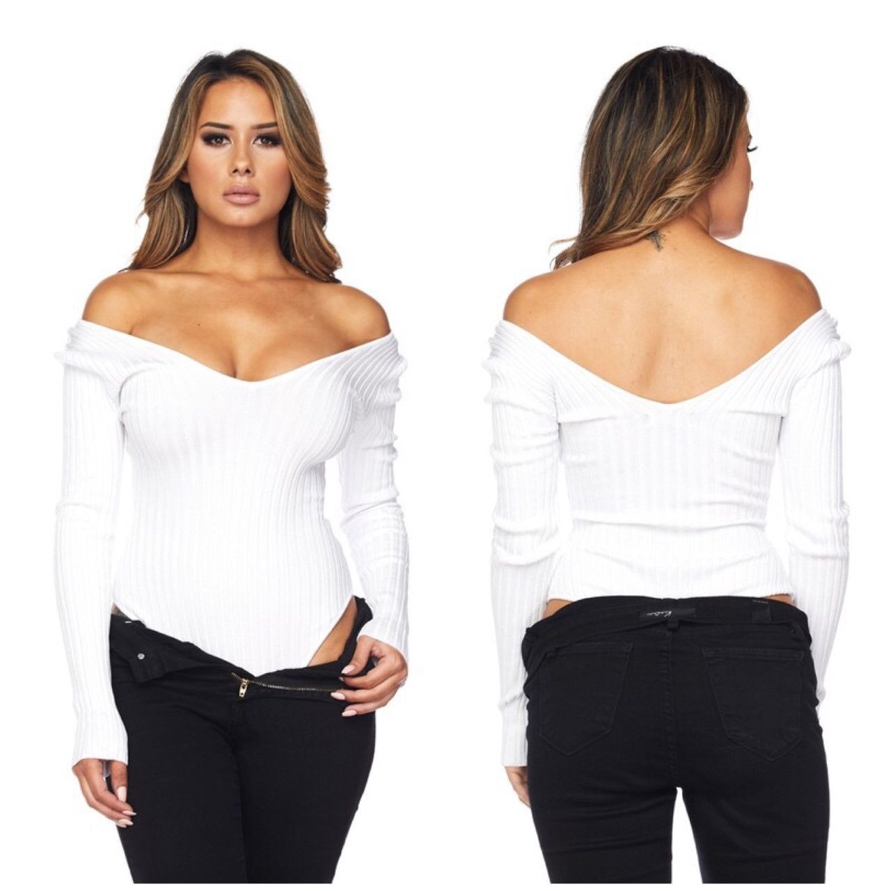 White Ribbed Knit Off Shoulder Long Sleeve Sexy Bodysuit