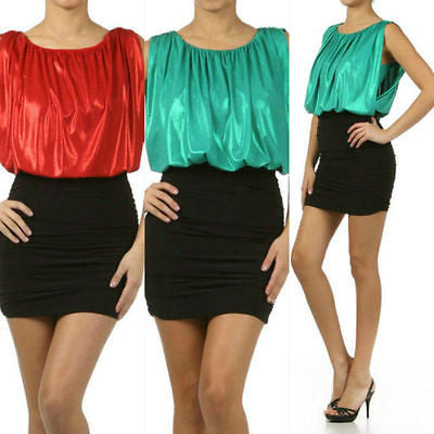 Dress Mini Shimmer Metallic Blouson Cocktail Skirted Ruched Red Green