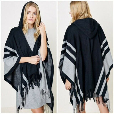 Black Hooded Fringe Knit Striped Sweater Shawl Ruana Womens One Size