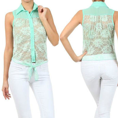 Blouse Top Sheer Lace Mint Floral Collar Button Down Tie Hem Sleeveless