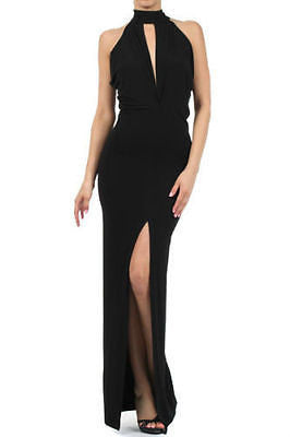 Maxi Dress Gown Women Black Halter Keyhole Thigh Slit Full Length Sexy
