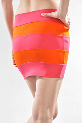 Skirt Mini Striped Orange Fuchsia Color Block Stretch Casual Sexy Summer