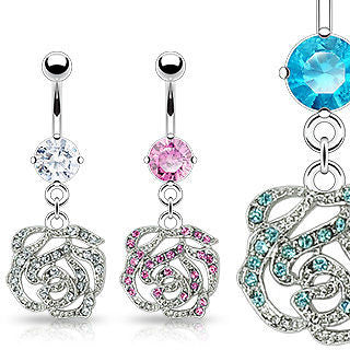 Pave Cubic Zirconia Gemmed Rose Navel Belly Ring