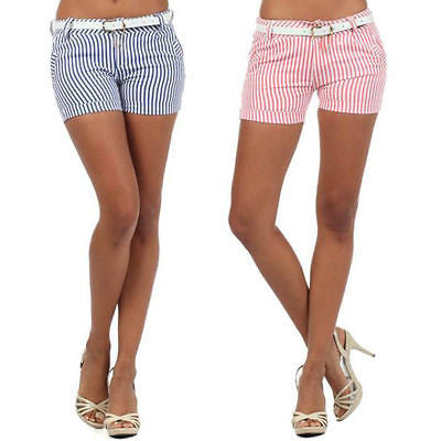 S M L Shorts Striped Blue Pink Nautical Belted Stretch Casual Fashion Summer New