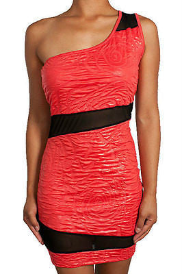 Dress Sexy Coral Floral Embossed One Shoulder Mesh See Thru Mini Stretch