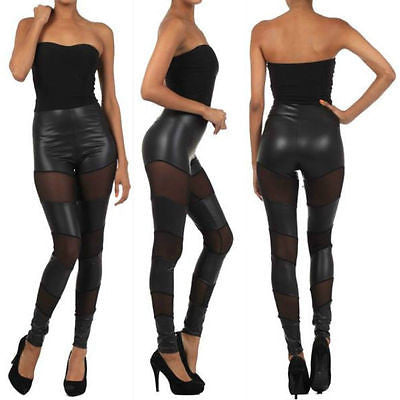 Jumpsuit Tube Strapless Faux Leather Panel Black Mesh Stretch Full Length