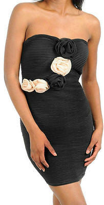Dress Cocktail Mini Black Rose Rosette Strapless Formal Textured Ribbed