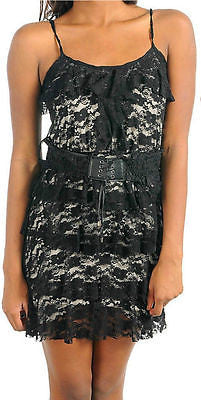 Dress Small Sexy Cocktail Tiered Ruffle Lace Overlay Mini Faux Leather Belt