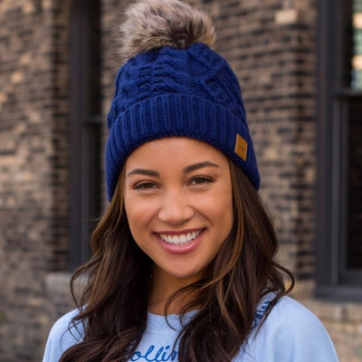 Blue Cable Knit Beanie Hat w/ Faux Fur Pompom Casual Winter Womens One Size