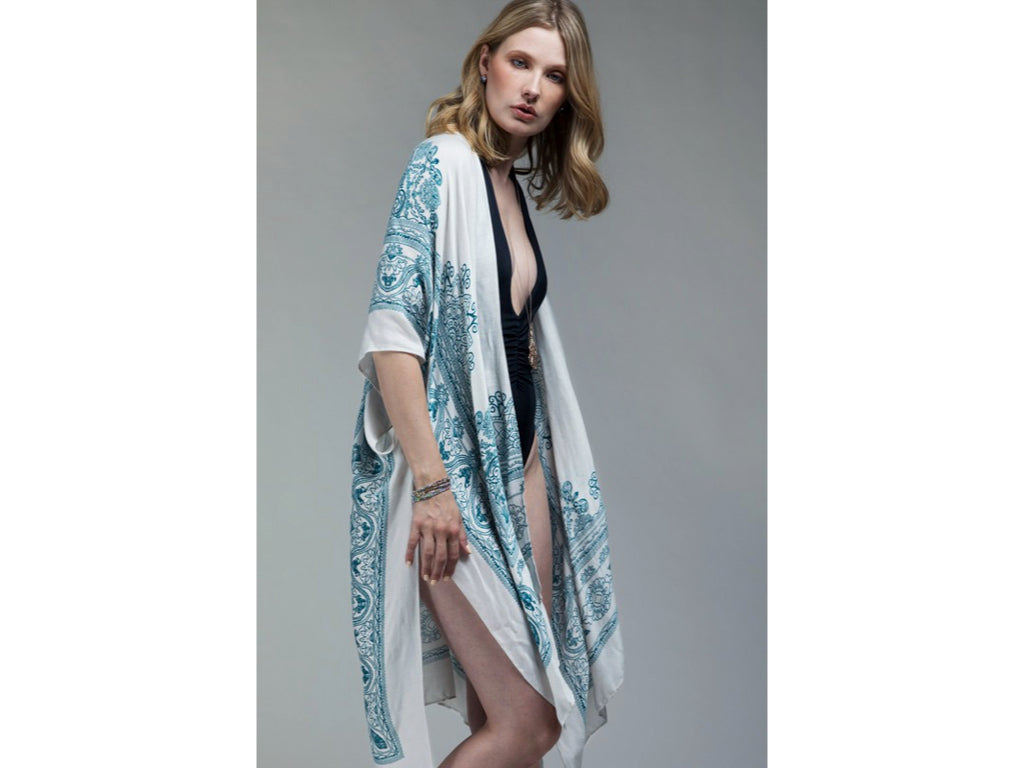 Teal & White Paisley Boho Gypsy Open Kimono Wrap Coverup Casual Women's