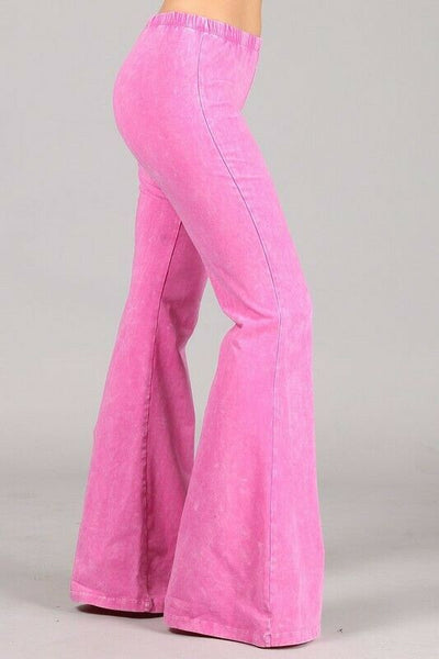 Bubble Gum Pink Boho Mineral Wash Flared Bell Bottom Stretch Pull On Pants Women
