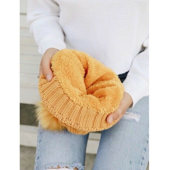 Mustard Pom Faux Sherpa Lined Knit Beanie Winter Womens Hat