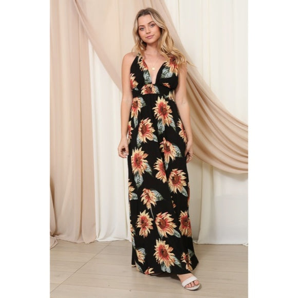 Black Sunflower Halter Double Strap Long Full Length Maxi Dress Spring Summer