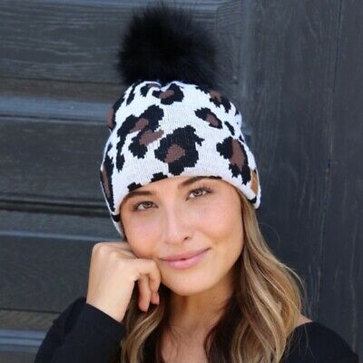 White Leopard Animal Print Fleece Lined Cable Knit Faux Fur Pompom Beanie Hat