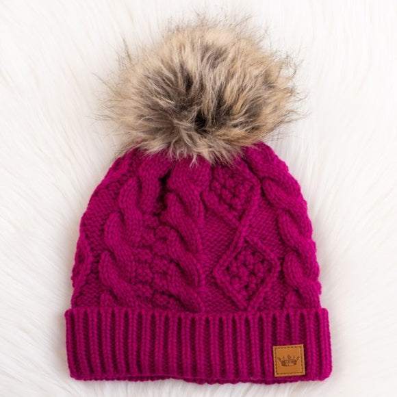 Magenta Cable Knit Beanie Hat w/ Faux Fur Pompom Casual Winter Womens One Size
