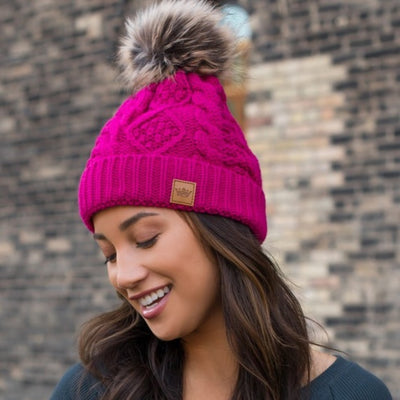 Bright Pink Cable Knit Beanie Hat w/ Faux Fur Pompom Casual Winter Womens One Size