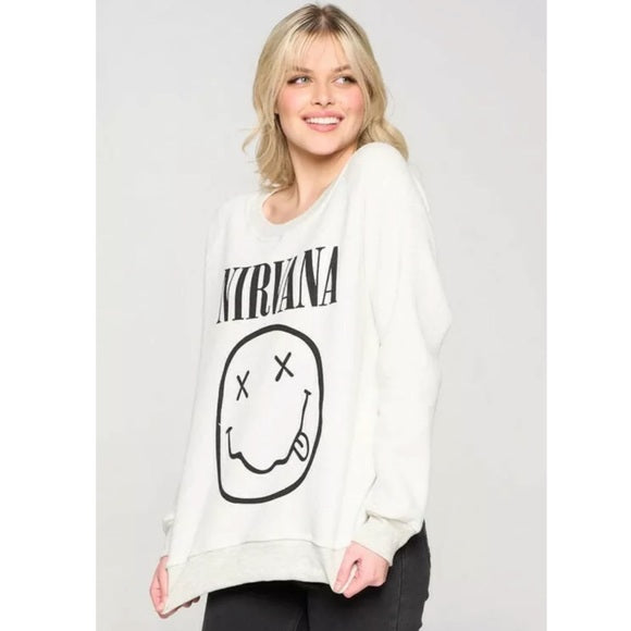 Cream Gray Heathered Nirvana Smiley Face Band Graphic Sweatshirt Casual Women's