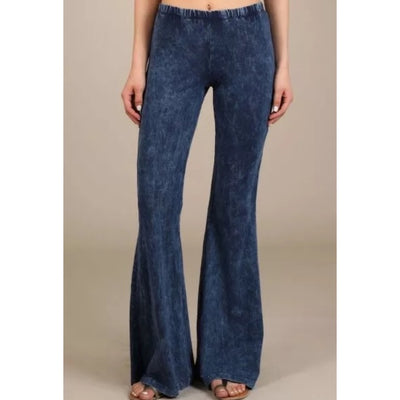Electric Blue Boho Mineral Wash Flared Stretch Pants Casual Womens