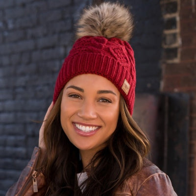Red Cable Knit Beanie Hat w/ Faux Fur Pompom Casual Winter Womens One Size
