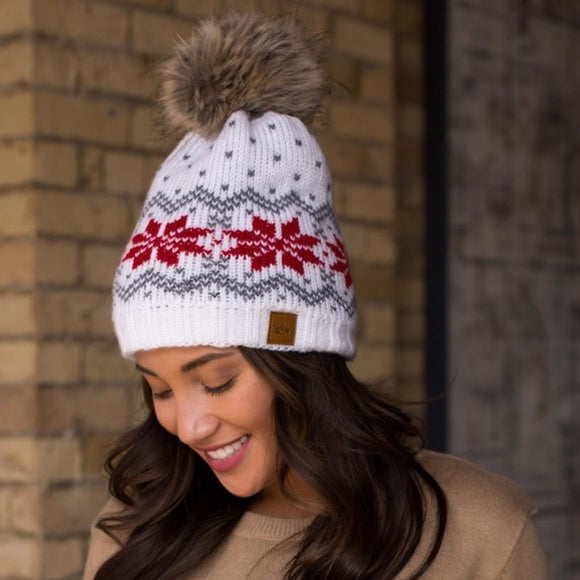 White Gray Red Snowflake Fleece Lined Knit Faux Fur Pompom Beanie Winter Womens Hat