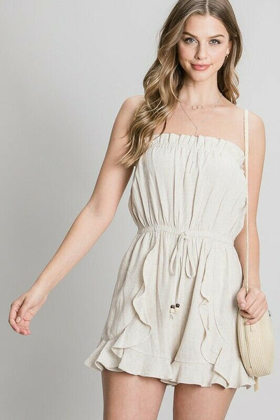 Natural Strapless Linen Tulip Ruffled Drawstring Solid Casual Romper Womens