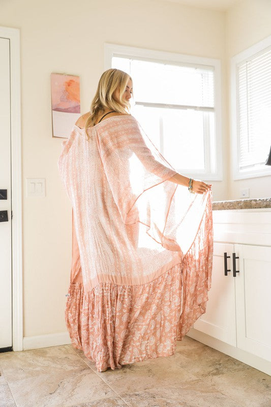 Blush Pink Paisley Tapestry Free Flow Kimono Open Duster Coverup Wrap Top