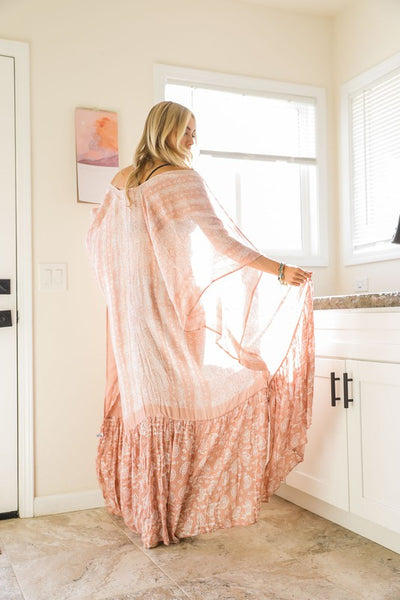 Blush Pink Paisley Tapestry Free Flow Kimono Open Duster Coverup Wrap Top
