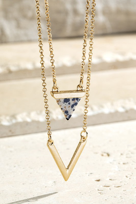Gold Triangle Natural Stone Charm & Chevron Necklace