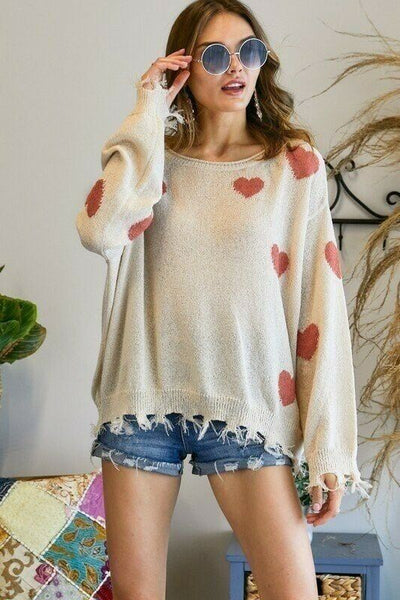 Khaki Mauve Heart Valentines Day Distressed Frayed Hem Relaxed Knit Sweater