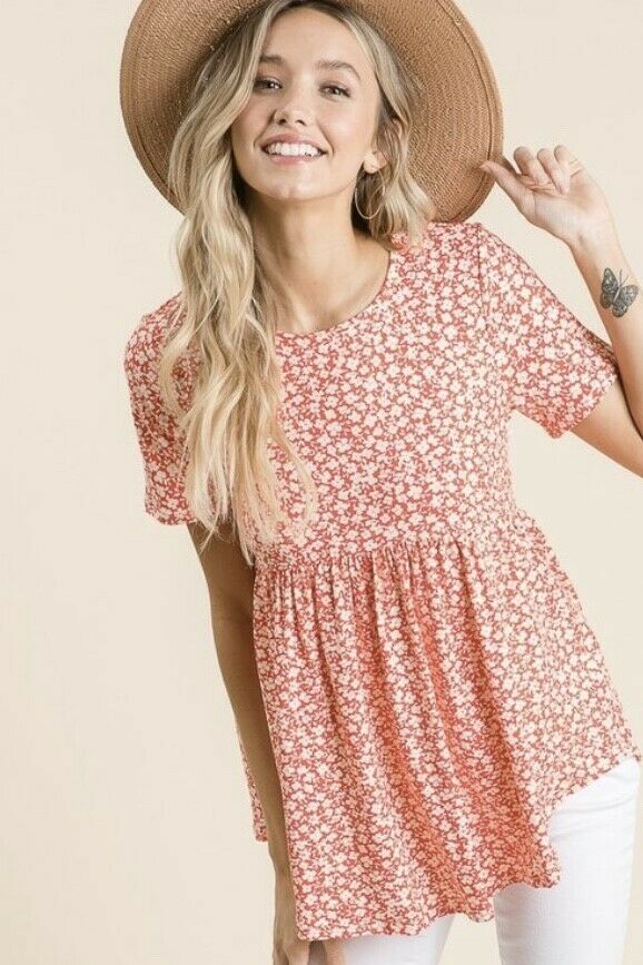 Ditsy Coral Floral Short Sleeve Babydoll Top Casual Womens