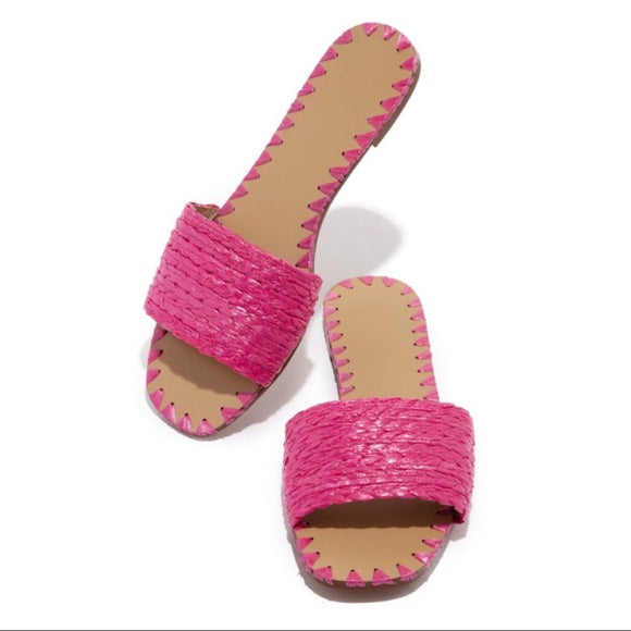 Fuchsia Bright Pink Raffia Woven Summer Slip On Sandals