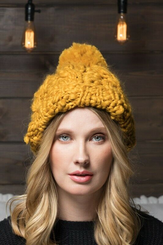 Mustard Hand Knit Chunky Cable Beanie Winter Pompom Hat Womens