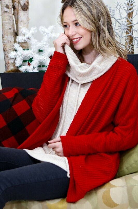 Red Waffle Knit Dolman Sleeve Rounded Cardigan Casual Womens
