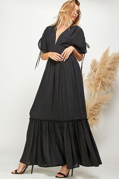 Black Ruffled & Tiered Plunge Neck Maxi Dress
