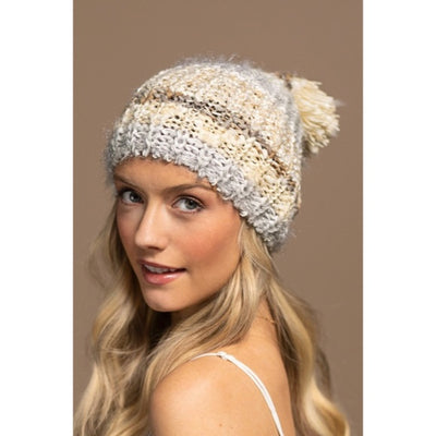 Ivory Cozy Knitted Striped Pompom Winter Knit Beanie Women's Hat Casual Gift