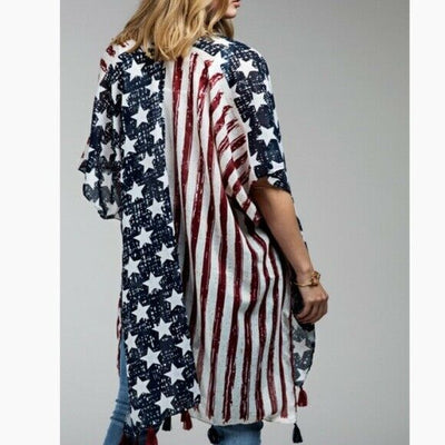 Flag Print American Tassel Fringed Womens Casual Kimono Wrap - One Size