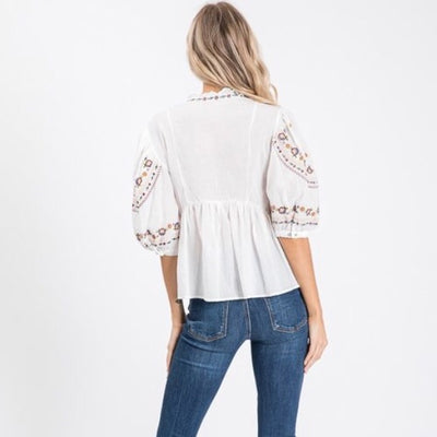 Boho Vintage Embroidered White Peasant Blouse Casual Womens