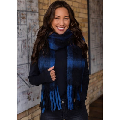 Blue & Black Plaid Knit Long Women's Winter Scarf w/ Casual Fringe