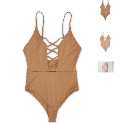 Mocha Caged Front Moderate Coverage One Piece Beige Swimsuit