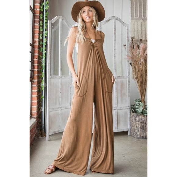 Camel Bohemian Solid Convertible Oversized Wide Leg Casual Jumpsuit w/ Pockets