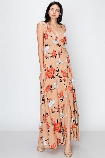 Taupe Deep V Faux Wrap Floral Cherry Blossom Open Back Maxi Dress