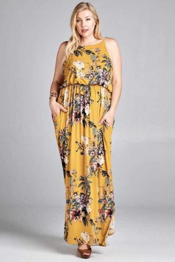 Plus Mustard Floral Maxi Dress Side Slit Casual Pockets Full Length