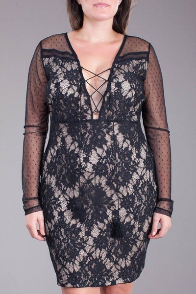 Plus Dress Mesh Lace Cocktail Long Sleeve Strappy Bodycon Sexy Party