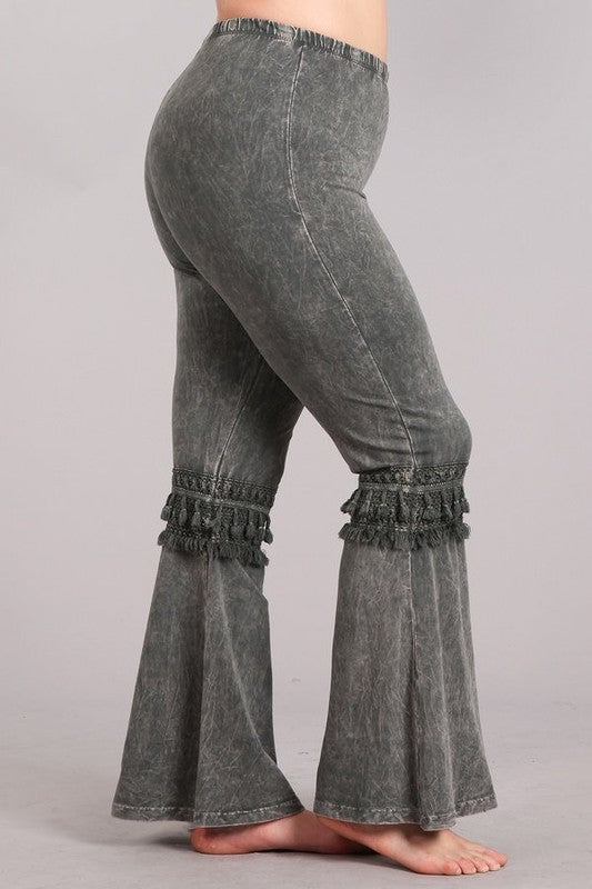 Plus Taupe Gray Mineral Bell Pants Lace Fringe Crochet Trim Band Casual Bottoms