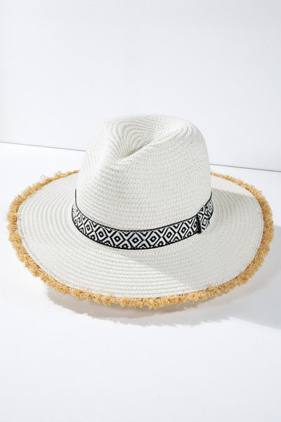 White Ethnic Frayed Trim Straw Women's Panama Hat