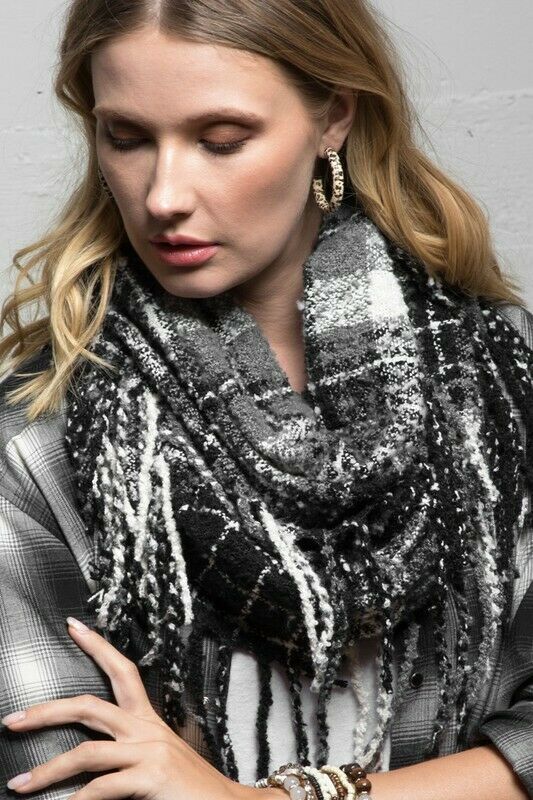 Black & Gray Soft Plaid Knit Infinity Tassel Fringe Scarf Womens