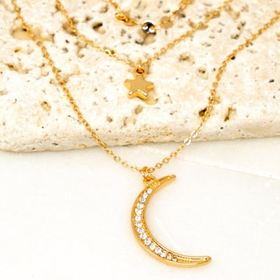 Gold Crescent Moon Star Trio Layer Necklace